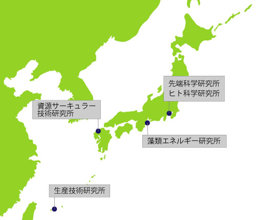 ユーグレナ社の拠点マップ。鶴見2か所と三重、佐賀、石垣の計5か所ある。