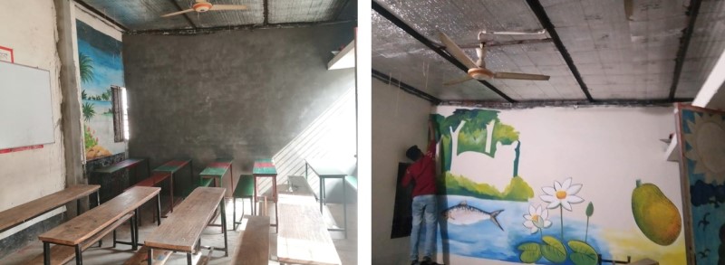 塗装前の教室（左）と塗装作業中の教室（右）。壁画師が色を重ねる
