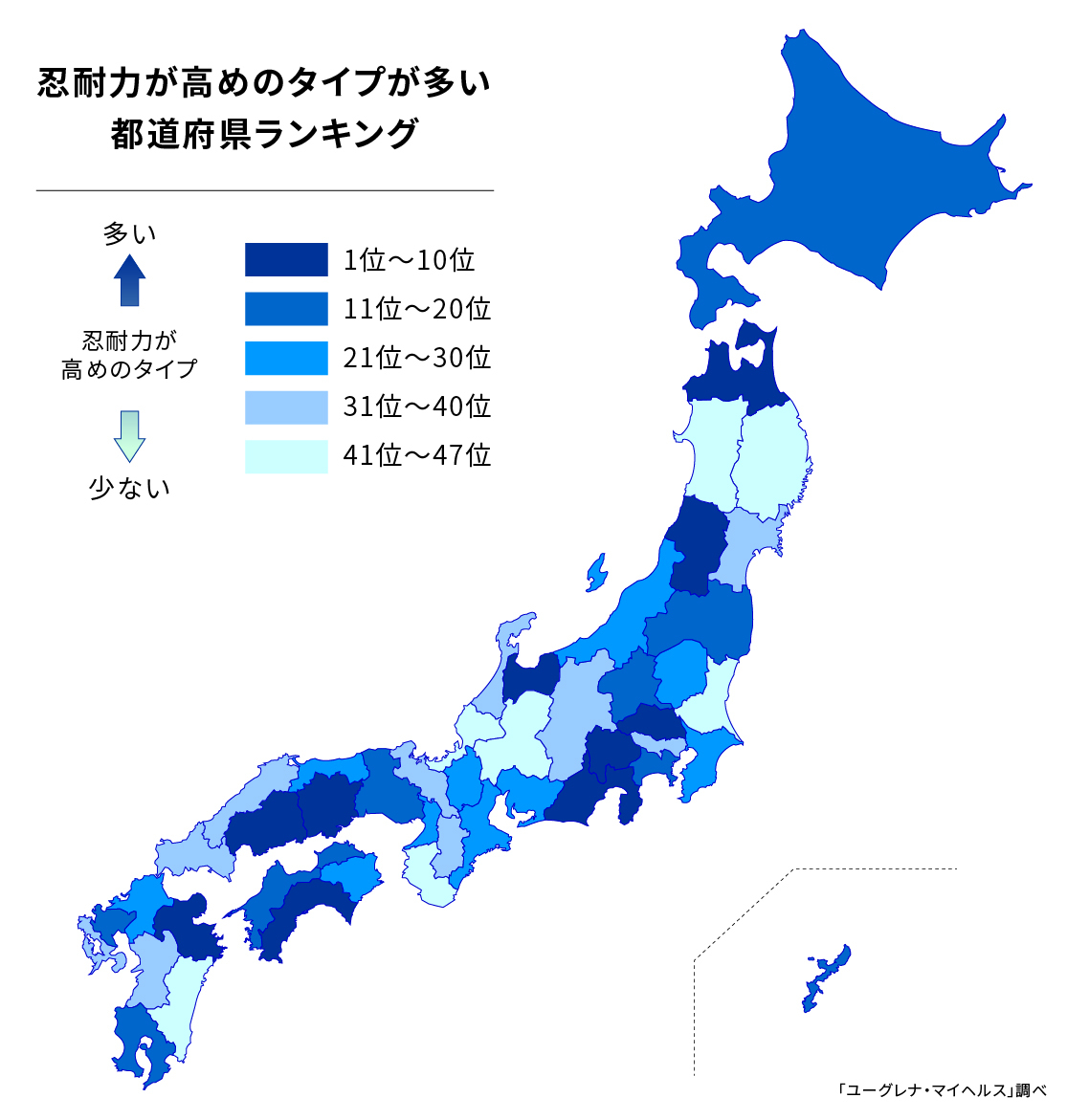 忍耐力が高めの遺伝子タイプが多い都道府県ランキング日本地図