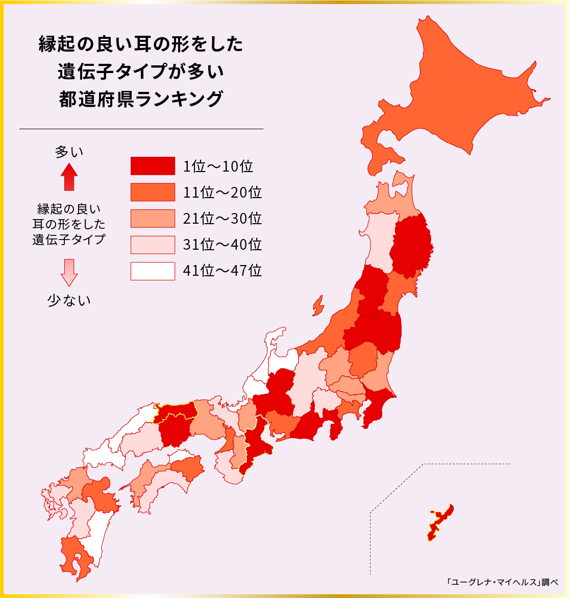 縁起の良い耳の形をした遺伝子タイプが多い都道府県ランキング日本地図